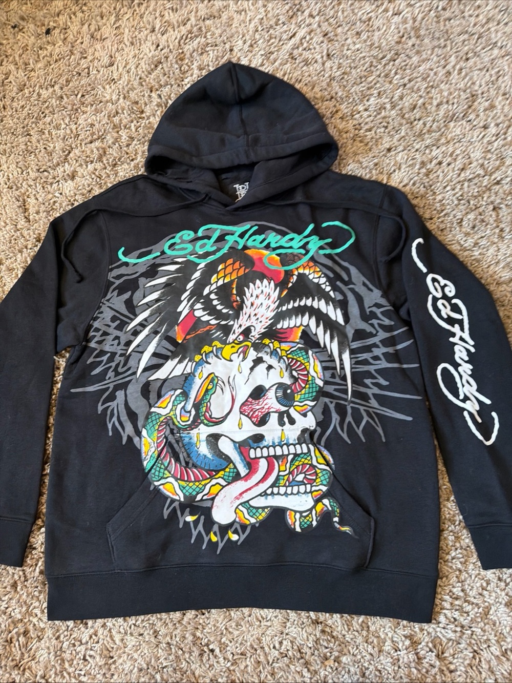 Ed Hardy Hoodie Battle Skull Black Pullover Hoodie- Men's Size L
